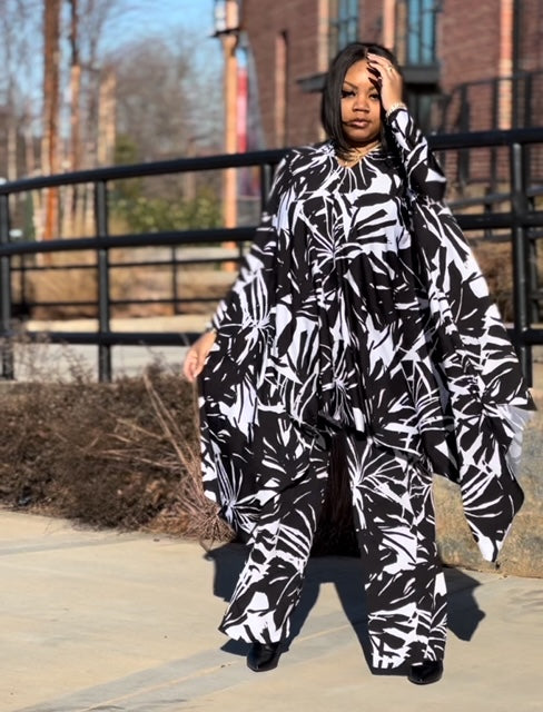 model in the LJ Midnight Amazon Set, highlighting the luxurious fabric and stylish design of the two-piece outfit.