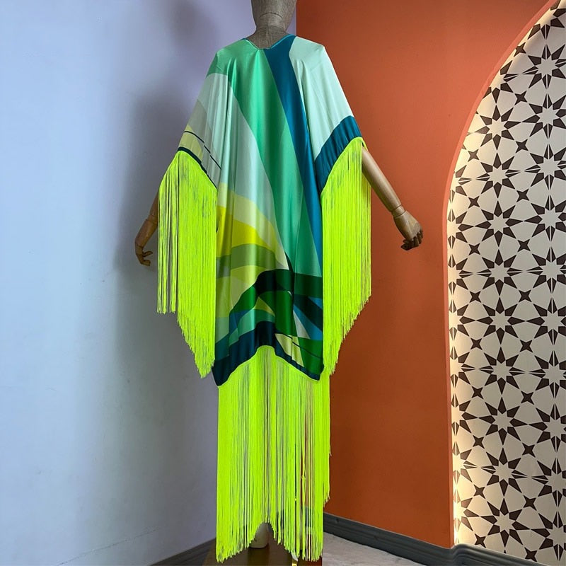 Neon Tropical Oasis Tasseled Kimono