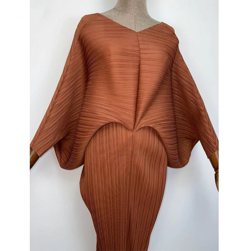 Brown Pleated Midi Dress (7389369532574)