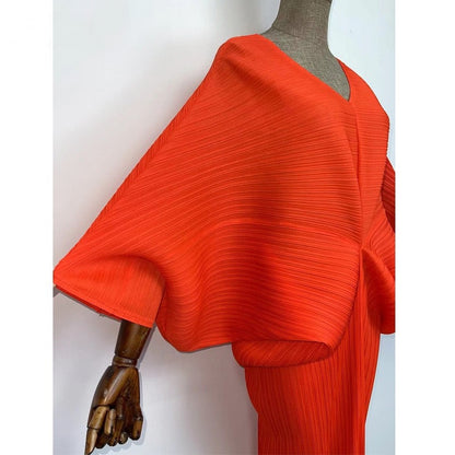 Red Orange Pleated Midi Dress (7389369467038)
