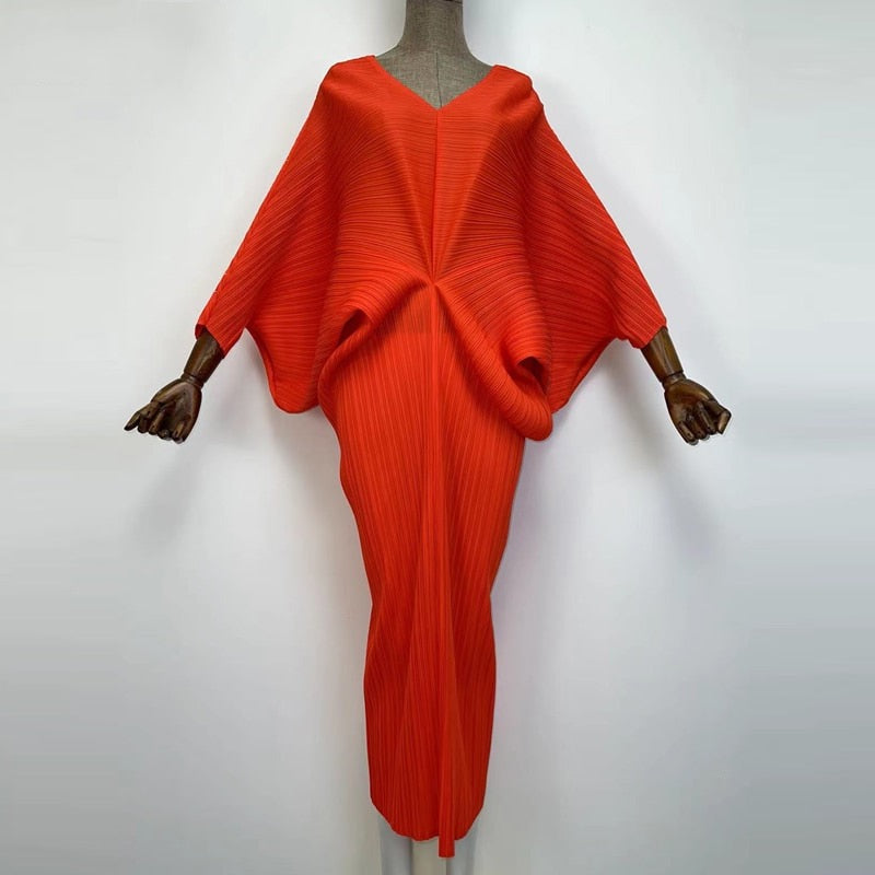 Red Orange Pleated Midi Dress (7389369467038)